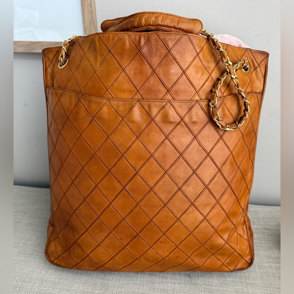 Chanel Vintage Quilted Lambskin Shopper Tote, Tan